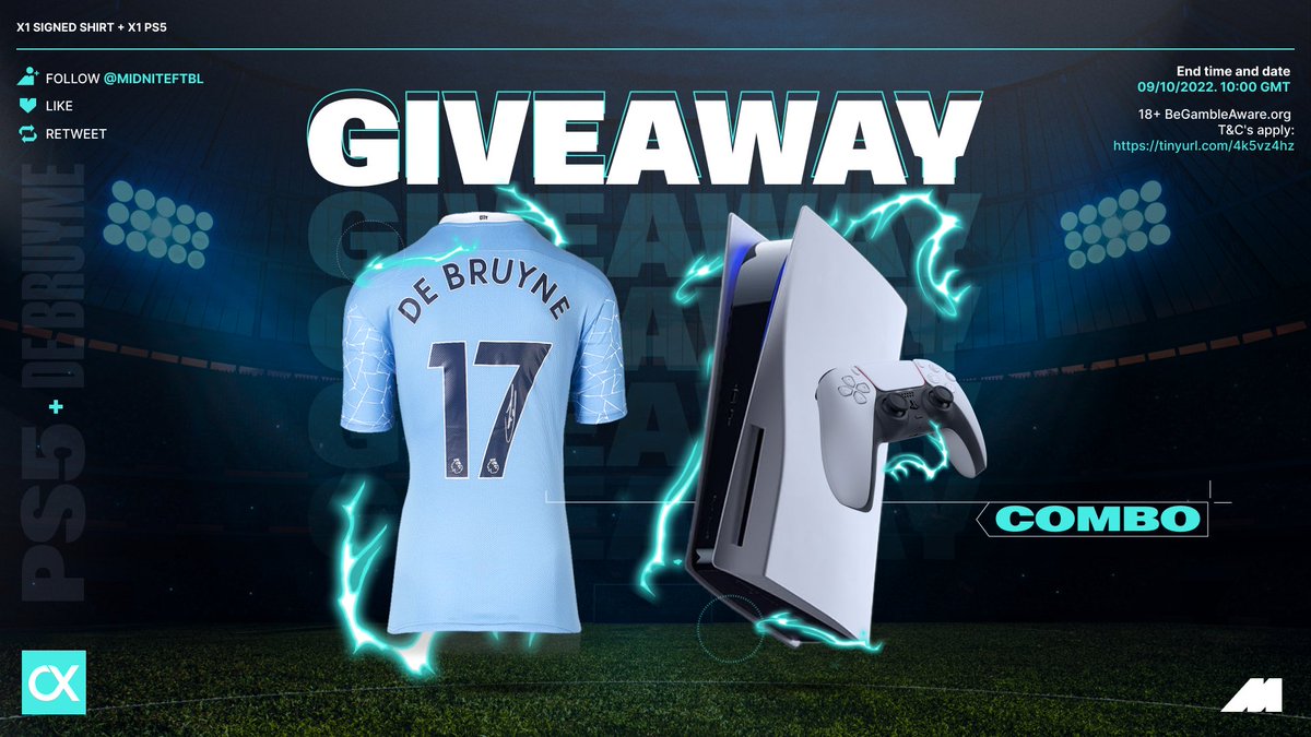 𝗚𝗜𝗩𝗘𝗔𝗪𝗔𝗬! 🚨🔵 Our friends @MidniteFtbl are giving away: 🎮 1x PS5 👕 1x Signed Kevin De Bruyne shirt Prize bundle worth £𝟭,𝟬𝟬𝟬! To enter: 🔁 Like & Retweet this post ✅ Follow @MidniteFtbl & @City_Xtra