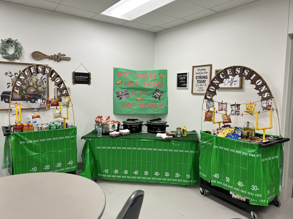 PISDHallElem's tweet photo. We had fun wrapping up PHS HOCO week with a concessions cart complete with pickles and hot dog tickets. Ms. Mumy outdid herself again! We love surprising our teachers and staff with a fun surprise. Shout out to the PHS Football team for the jerseys! Go Eagles! 🦅 #HallMeansAll https://t.co/5VQ05HTNdN