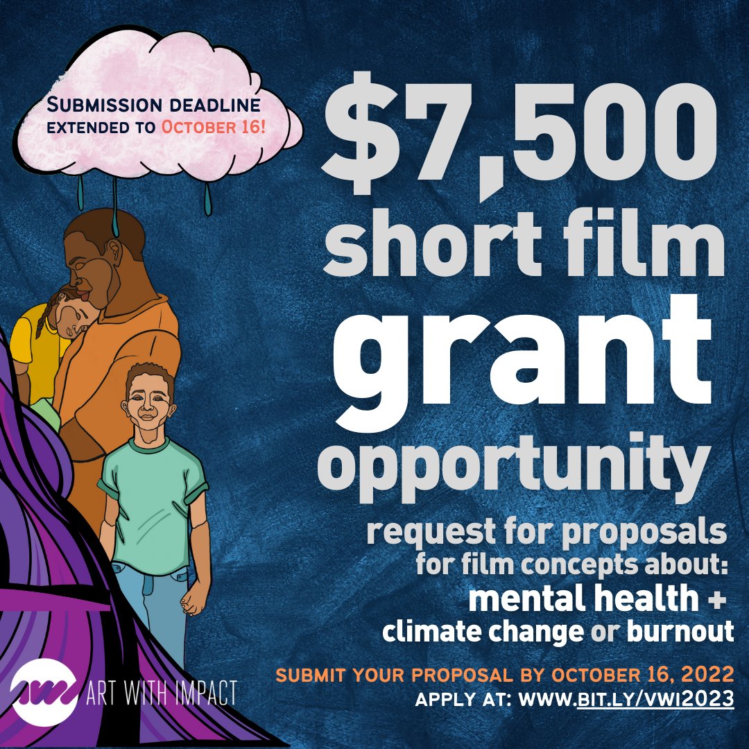 Deadline extended to October 16! We're accepting proposals for short film concepts about either 1) burnout or 2) mental health issues related to climate change. Ten filmmakers will receive $7,500 each to create their films. Learn more and access our FAQ: bit.ly/vwi2023
