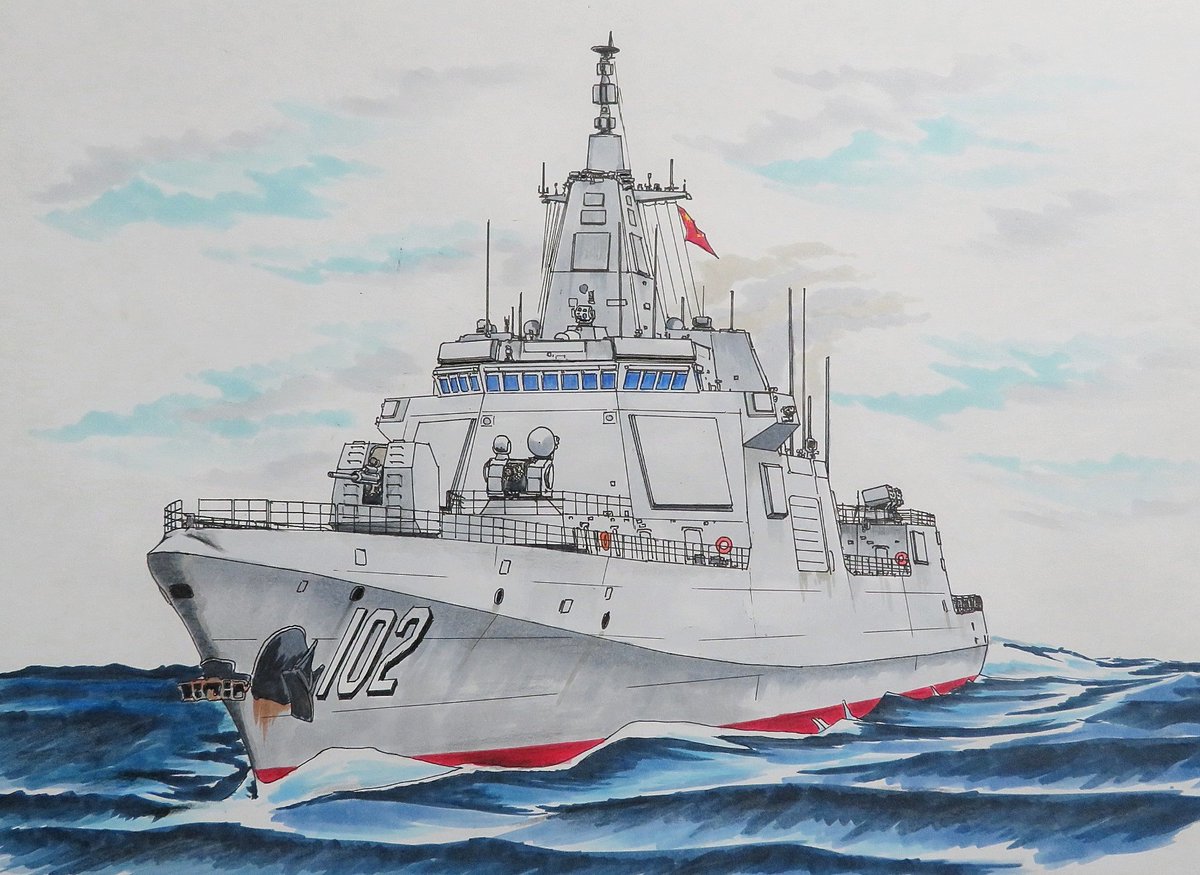 T_AH19's tweet photo. 中国海軍 #055型 ミサイル駆逐艦 拉薩（ラサ）と #052D型 ミサイル駆逐艦 太原（タイユェン）を描いた。
#Type055
#Type052
#ラクガキフリート https://t.co/Dn3VaKuikw