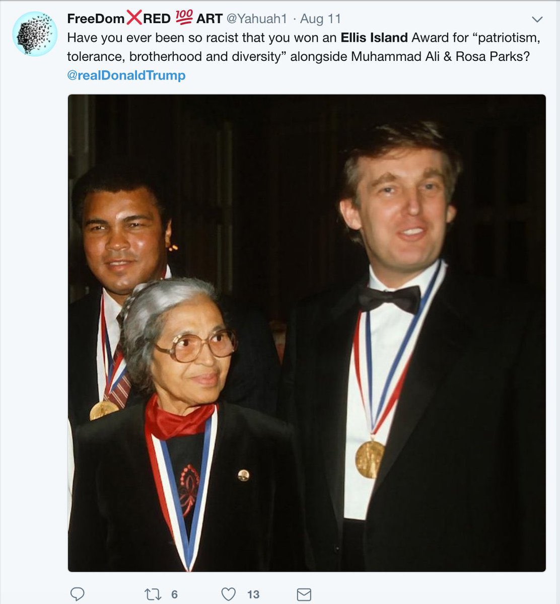 HonkeyPox's tweet image. Have you ever been so racist that you won an Ellis Island Award for “Patriotism, Tolerance, Brotherhood &amp;amp; Diversity” alongside Muhammad Ali &amp;amp; Rosa Parks?