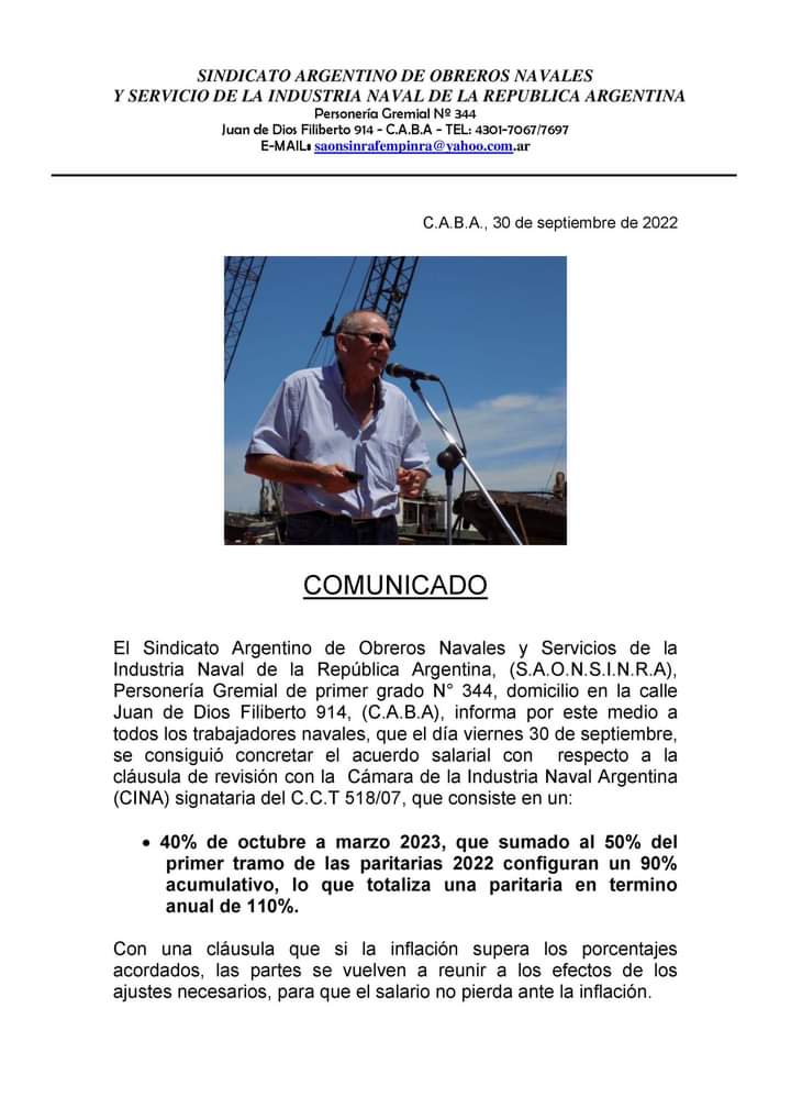 COMUNICADO

• 40% de octubre a marzo 2023, que sumado al 50% del primer tramo de las paritarias 2022 configuran un 90% acumulativo, lo que totaliza una paritaria en termino anual de 110%. 

 .