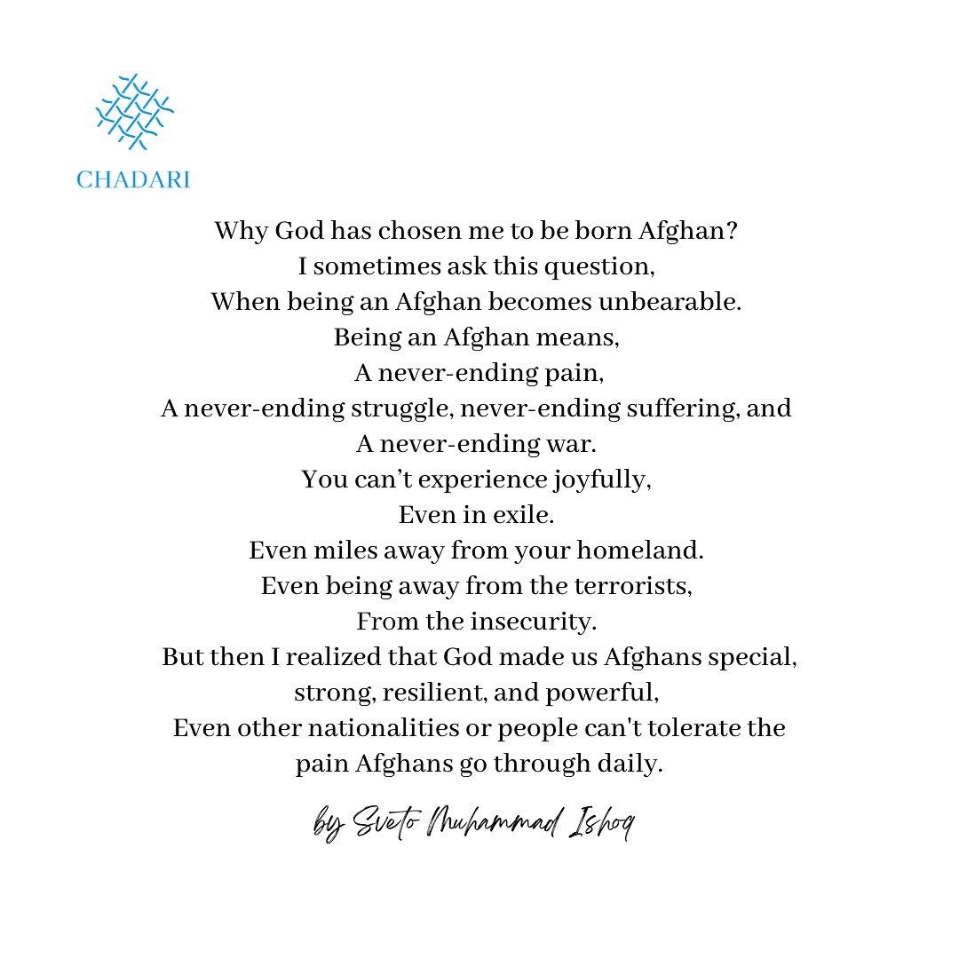 chadariproject's tweet photo. "When being an Afghan becomes unbearable, โ says Sveto Muhammad Ishoq.
Through her piece of writing, the founder of Chadari Project, expressed her feelings over the attack on an educational centre in Dashte Barchi.
#afghangirls #afghangirlslivesmatters #chadariproject https://t.co/3FzsZ7Kk4B