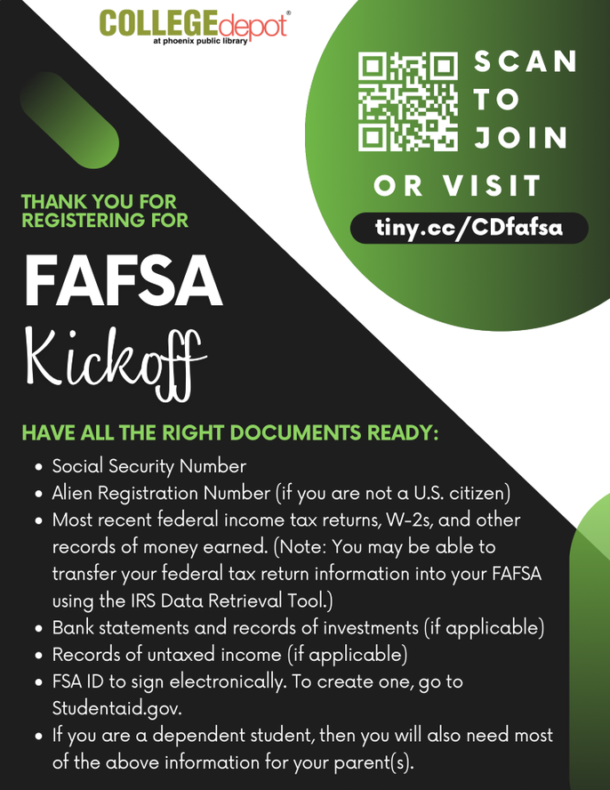 CollegeDepot's tweet photo. Registered for this Saturday’s FAFSA Kickoff? Here’s the info you should have with you to complete the #FAFSA. Haven’t registered for the event but want to join? You can visit https://t.co/ijZTNskIuN to join the event. #FinancialAid #FafsaHelp #FafsaForm #CollegeDepot https://t.co/SptyuqxSpt