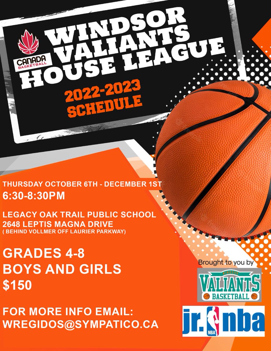 ⁦<a href="/windsorvaliants/">Windsor Valiants</a>⁩ Bball house league is back baby !!! Starts Thursday October 6th <a href="/6/">Adrián Lamo</a>:30-8:30 @LegacyOakTrail in LaSalle.
Go to ⁦<a href="/windsorvaliants/">Windsor Valiants</a>⁩ for more info