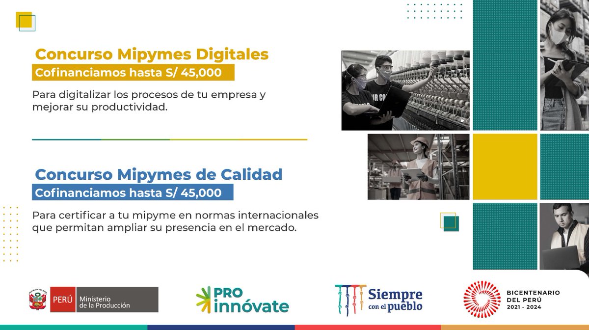 ¡Innova y transforma tu negocio! 💡💪 🇵🇪
Desde #ProInnóvate buscamos que más mipymes puedan acceder a fondos no reembolsable de hasta S/ 500,000 para crear y validar innovadoras soluciones, digitalizar sus negocios y alcanzar certificaciones con estándares internacionales.