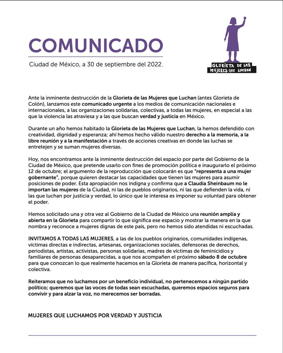 antimonumenta's tweet photo. Ante la inminente destrucción de la #GlorietadelasMujeresQueLuchan lanzamos este comunicado urgente a los medios de comunicación, organizaciones solidarias, colectivas, a todas las mujeres y en especial a aquéllas que las atraviesan las violencias y a las buscan verdad y justicia https://t.co/f2CLjIzYJ9