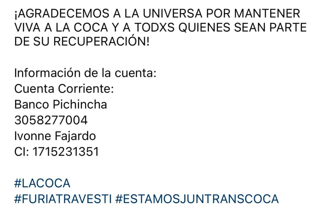 🚩 l URGENTE Nuestra compañera #CoCa de las @pachaqueer necesita nuestra solidaridad y colaboración. Una vez más el Estado nos ha fallado con la inseguridad y violencia en todos los espacios. Con toda la #TernuraRadical apoyemos a #CoCa Datos para transferencia o depósitos ⬇️