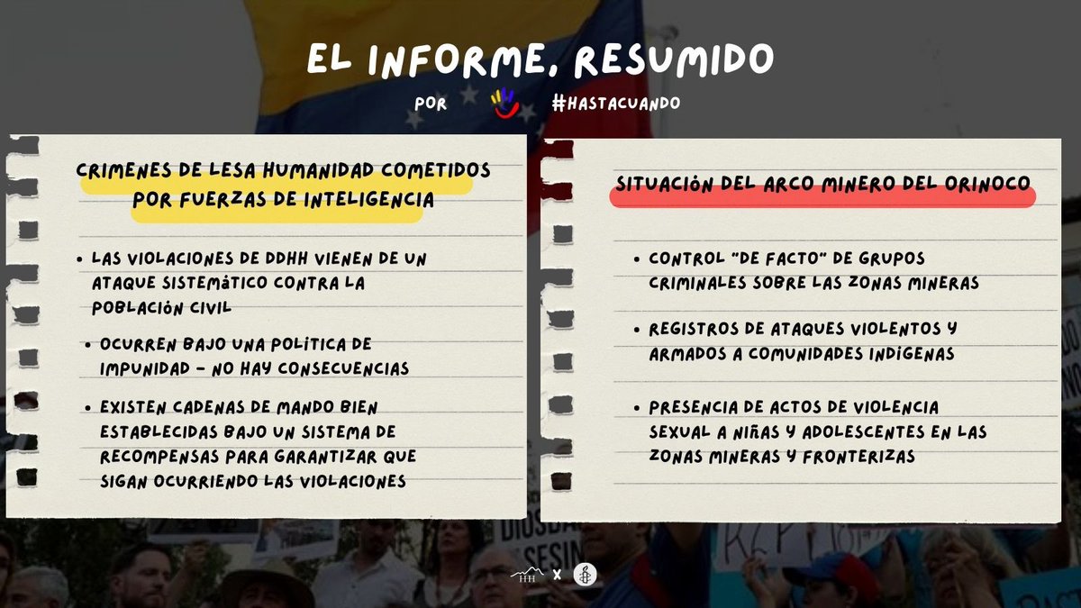 hastacuandoddhh's tweet photo. El reciente informe de La Misión habla principalmente de dos temas: Los crímenes de lesa humanidad por fuerzas de inteligencia y la situación del Arco Minero

En #HastaCuando queremos contarte de manera sencilla cuales fueron sus  hallazgos 👇🏻

#QueSigaLaMisión https://t.co/a5J68BWQ7G