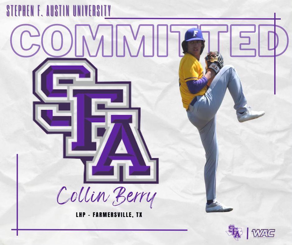 collintberry's tweet photo. Officially committed! I am blessed and honored to announce that I will be continuing my academic and athletic career at SFA! I thank God, my family and coaches. Without each of you this wouldn’t be possible. Axe ‘em Jacks! @SFA_Baseball @FarmerBaseball https://t.co/2S1QlZaJSX