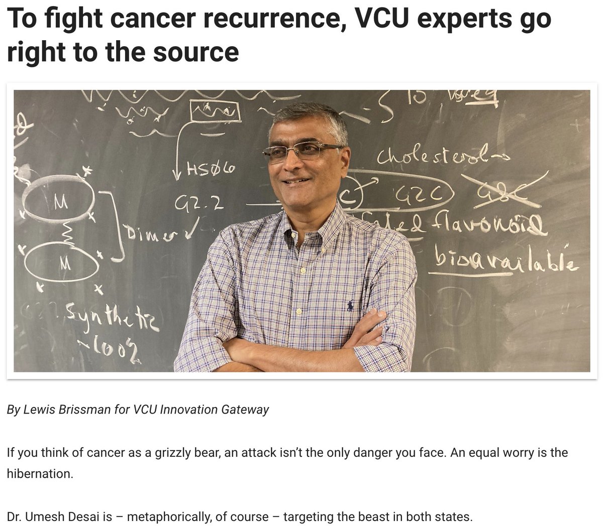 VCUPharmacyDean's tweet photo. Fantastic recognition of @VCUPharmacy #MedicinalChemistry #Chair Dr. Umesh Desai for his research on novel strategies to prevent #cancer recurrence. #KickCancer #Innovation #StemCells #VCUSoP #ResearchExcellence Read More: https://t.co/vHc6S1ppZV https://t.co/oJCriPdp5T