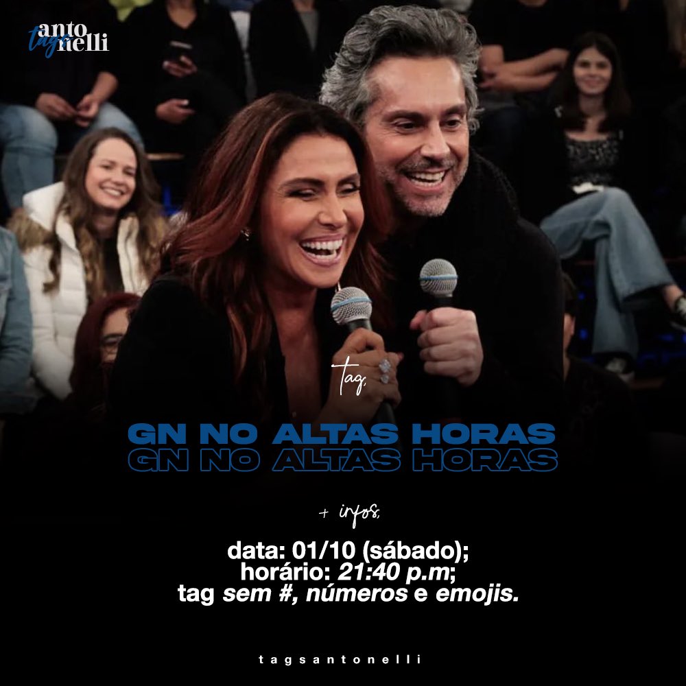 tagsantonelli's tweet photo. Amanhã (01/10), Giovanna Antonelli e Alexandre Nero estarão no programa Altas Horas para divulgar a próxima novela das 21h, ‘Travessia’. E iremos subir uma tag para celebrar esse momento icônico. Esperamos vocês aqui! 😉 https://t.co/YFn9grEMdO
