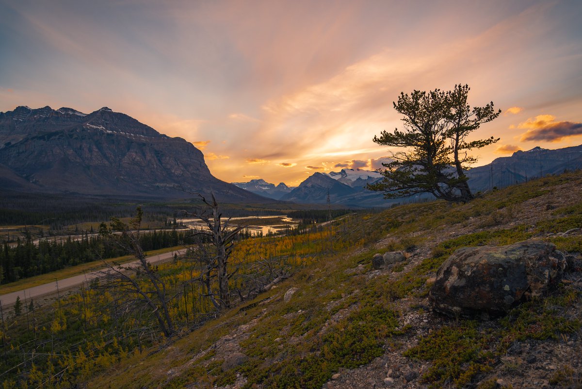 As autumn approaches, sunsets along the front range of the Rockies are spectacular! Mount Wilson and the North Saskatchewan River are aglow with colour every evening. <a href="/DTCountryAB/">DavidThompsonCountry</a> #Nikon_Canada #canadian #rockies #mountains #davidthompsoncountry #dtcountry #reflection