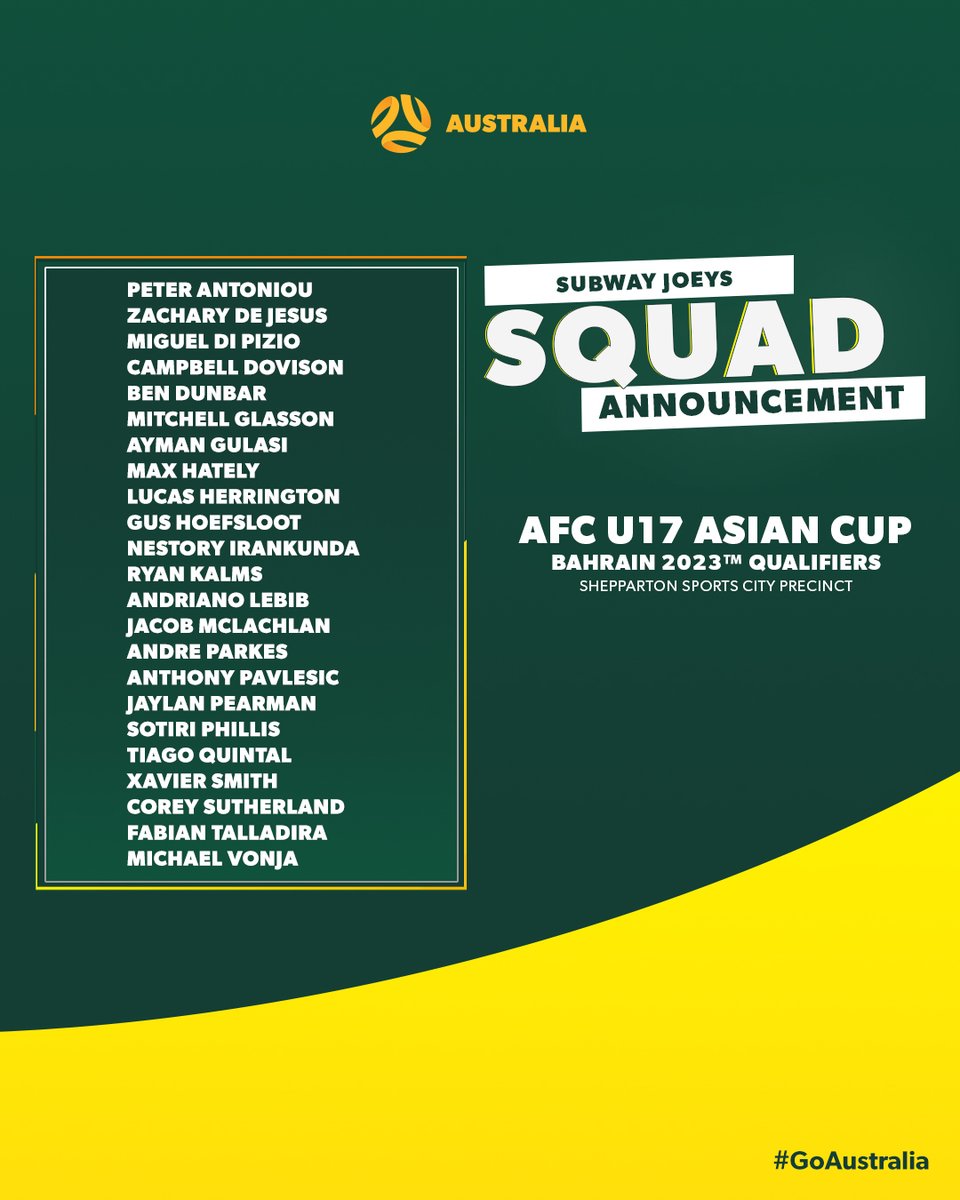 Introducing Australia's squad for next week's AFC U-17 Asian Cup 2023™ Qualifiers on home soil! 

🎟️ Tickets for the action in Shepparton are 𝙁𝙧𝙚𝙚: bit.ly/3UHMPV5

#GoAustralia #AFCU17 | <a href="/GreaterShepp/">Greater Shepparton</a>