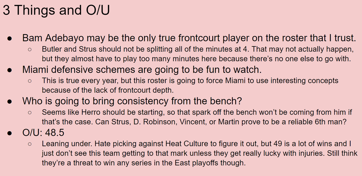 GMunderstudy22's tweet photo. 10: Miami Heat
Miami won the East last year despite various injuries to key players. The returners can play, but I think the PJ Tucker loss will be big. Still a team that will always be tough to beat and I think they can make noise in the playoffs even if they're a lower seed. https://t.co/buVechZws4