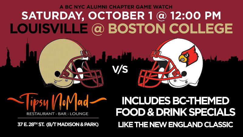 BCNYCAlumni's tweet photo. See you all tomorrow @tipsynomadnyc  for the game watch against the Louisville Cardinals! Remember, the best deals are before the game, so arrive early: pre-game deals incl. $3 Bud Light drafts &amp; $12 pitchers! 

Call or text the mgr to make res.  Details:  https://t.co/Yp97Q6fzyK https://t.co/5QtAsyw5eU
