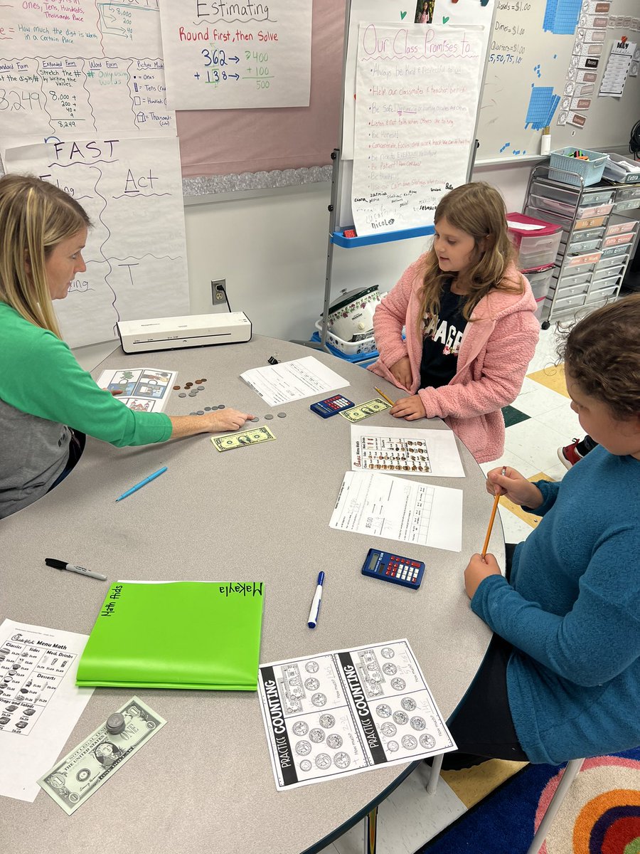 RKES_3rd's tweet photo. Students took turns pretending to be @ChickfilA cashiers &amp; customers today to work on our counting money &amp; making change skills!! Students had to determine the change amount for the item purchased with $5.00 &amp; count out the change to give back to their “customers”…so much fun! https://t.co/bCfkjGJetD