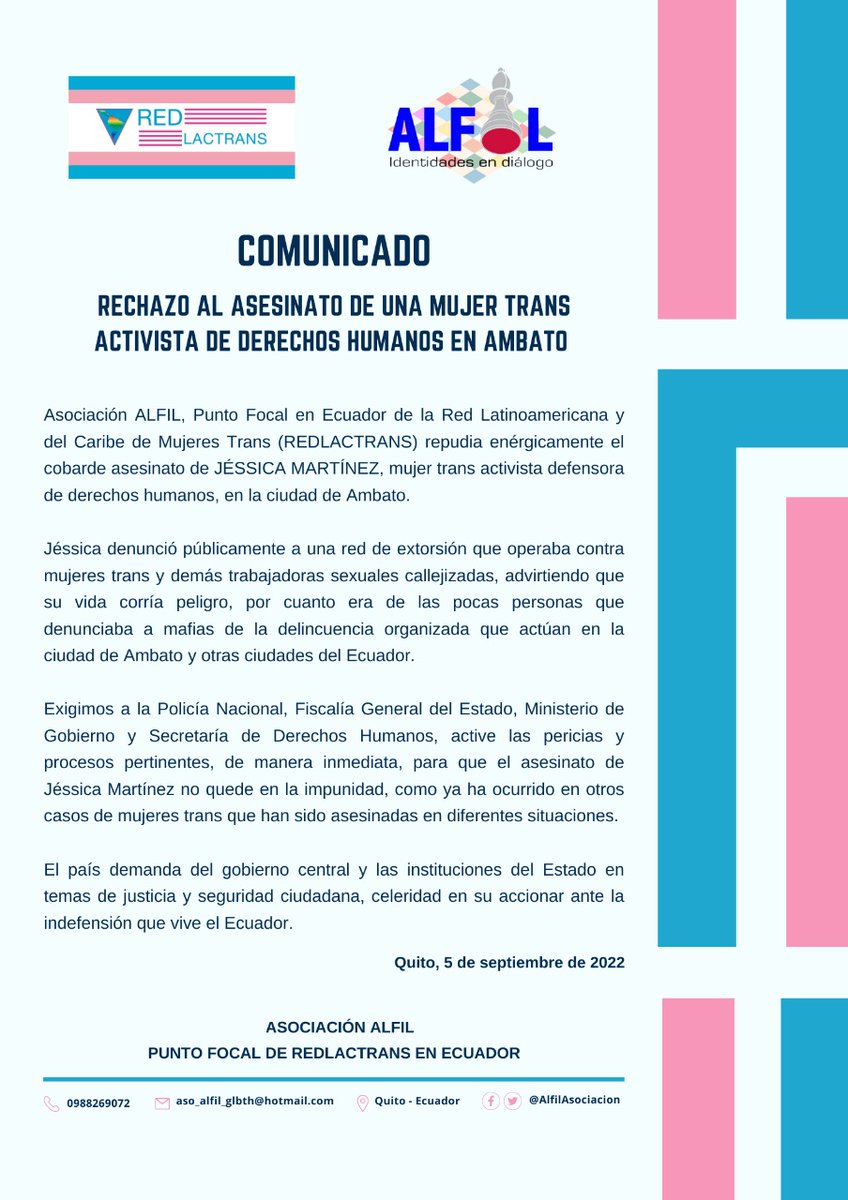 🆘#AlertaTrans #Cedostalc #Ecuador #Comunicado 
Jessica #MujerTrans fue asesinada en septiembre 3, 2022 en #Ambato
<a href="/FiscaliaEcuador/">Fiscalía Ecuador</a> <a href="/DDHH_Ec/">Viceministerio de la Mujer y Derechos Humanos</a> <a href="/MinGobiernoEc/">Ministerio de Gobierno Ecuador</a>, seguimos esperando respuesta
#QueSiTeImporte #TuOdioMata #NoQueremosMenosQueLaIgualdad #SomosRedlactrans