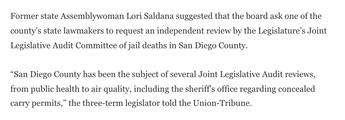 LoriSaldanaSD's tweet photo. Re:the veto of #AB2343:
At the January 2021 #CLERB meeting, after listening to a @SDSheriff representative quibble w/a reporter investigating deaths in custody in #SanDiego jails, I suggested they ask the @CaStateAuditor to help resolve their disputes
https://t.co/7XwYdm1jdb
1/ https://t.co/qaZVb7o1Jw