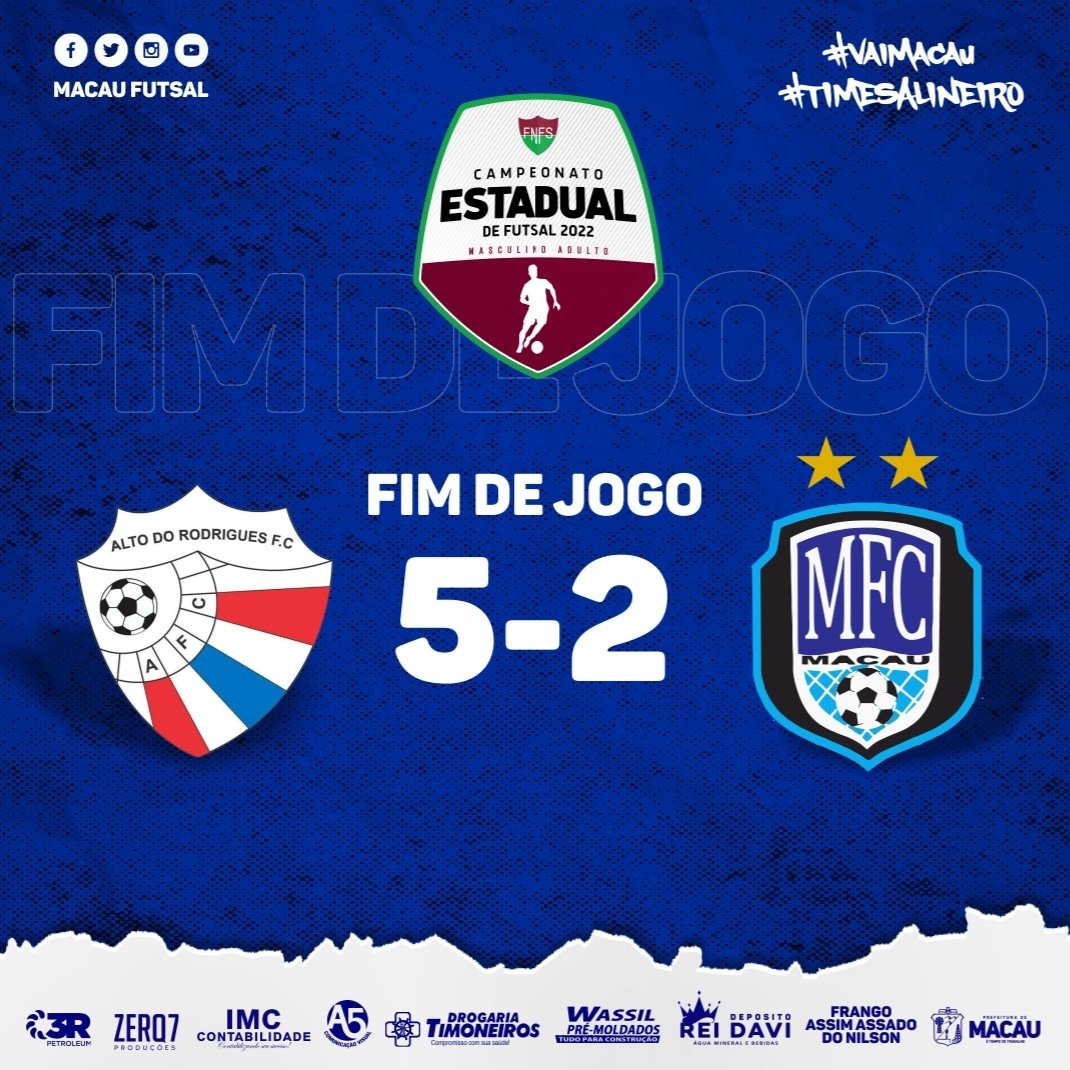MacauFC's tweet photo. Fim de jogo!
Macau perde fora de casa pelo placar de 5 a 2 para a equipe do Alto do Rodrigues. O Macau volta  a quadra nessa terça-feira (04), contra a equipe do Jandaira. O joga acontecerá na cidade de Macau as 20:30h.
#MacauFC #MacaFutsal #TimeSalineiro #VaiMacau #EstadualFNFS https://t.co/FbWC5Y7BcR