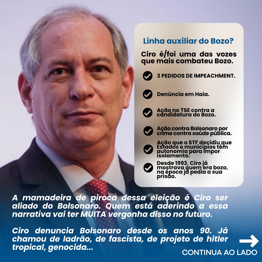 acostafr12's tweet photo. A falsa narrativa de que Ciro Gomes e o PDT são linhas auxiliares do bozo.

Quem está aderindo a essa narrativa vai ter muita vergonha disso no futuro. A história cobrará.

Separei aqui mais de 50 ações do Ciro e do PDT, mas a lista é maior. (1/4). https://t.co/79ab04uSsT