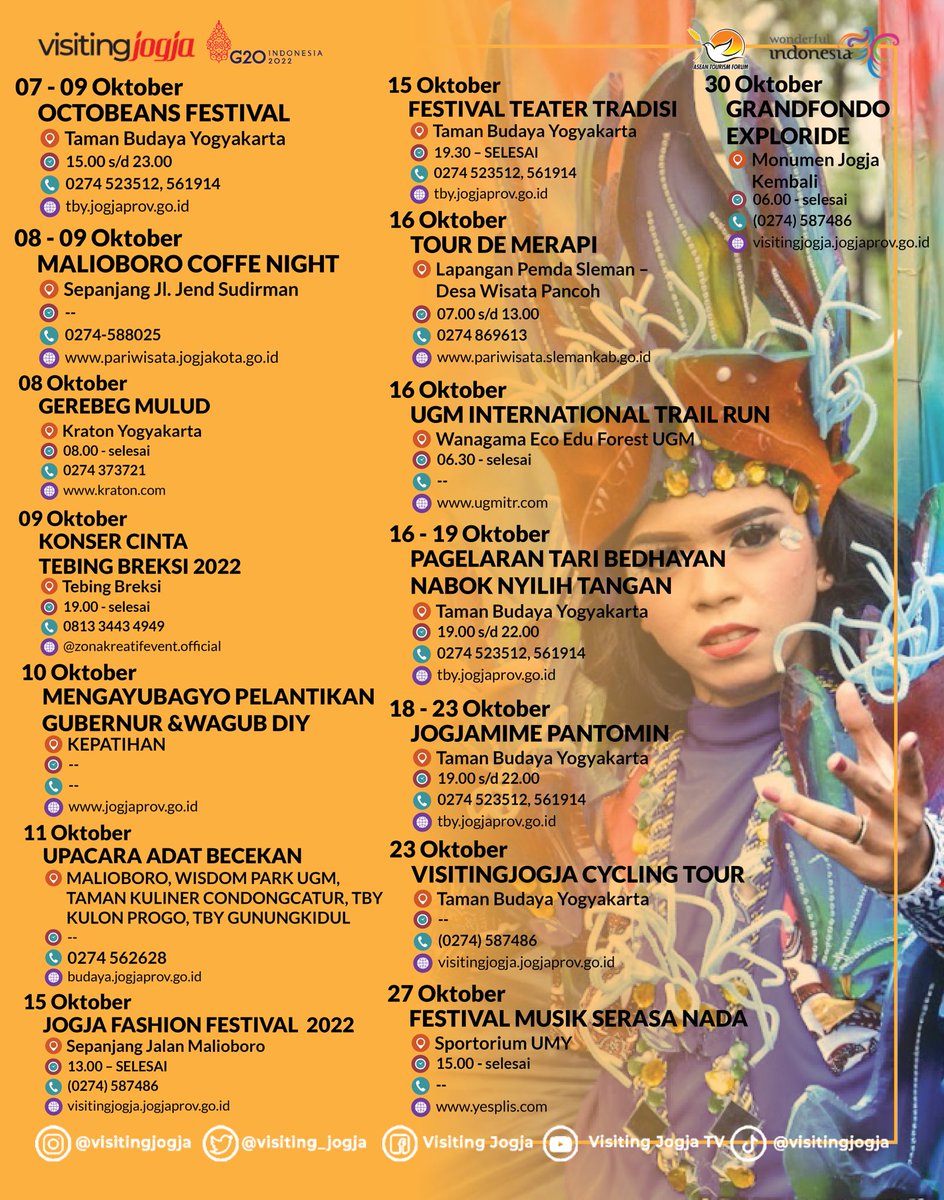 visiting_jogja's tweet photo. Calendar of Tanggal Nikah❎
Calendar of Event DIY✅
Nih Gengs, events di bulan Oktober kemruyuk sekali. Silahkan ditandain. Mimin tandain yang nyanyi-nyanyi pokoknya🎵🎶
#calendarofevent #coediy #coeoktober #visitingjogja https://t.co/IIYGGTUvNj
