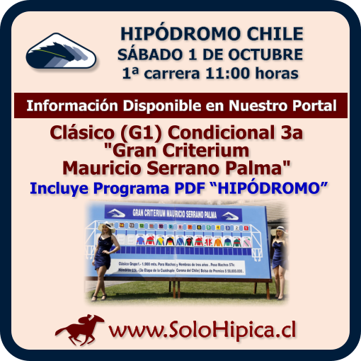 solohipica's tweet photo. HIPÓDROMO CHILE (Sábado 1-Octubre, 11:00 horas) Disponible Programa Oficial PDF del Clásico (G1) Condicional 3a "Gran Criterium Mauricio Serrano Palma" https://t.co/h4UOLMVQaE #solohipica #HipódromoChile #ProgramaPDF #CarrerasDeCaballos #Hípica #Turf #ClásicoGranCriterium https://t.co/tPJxosBEjO
