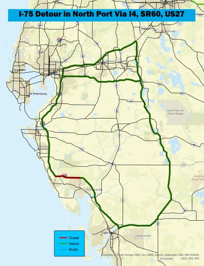 MyFDOT_SWFL's tweet image. Major Traffic Alert: Both directions of I-75 are now closed from mile marker 179 (Toledo Blade Blvd) to mile marker 193 (Jacaranda Blvd) The Myakka River under I-75 has risen and impacted the interstate, no longer making it safely passable for motorists. fdot.gov/info/co/news/2…