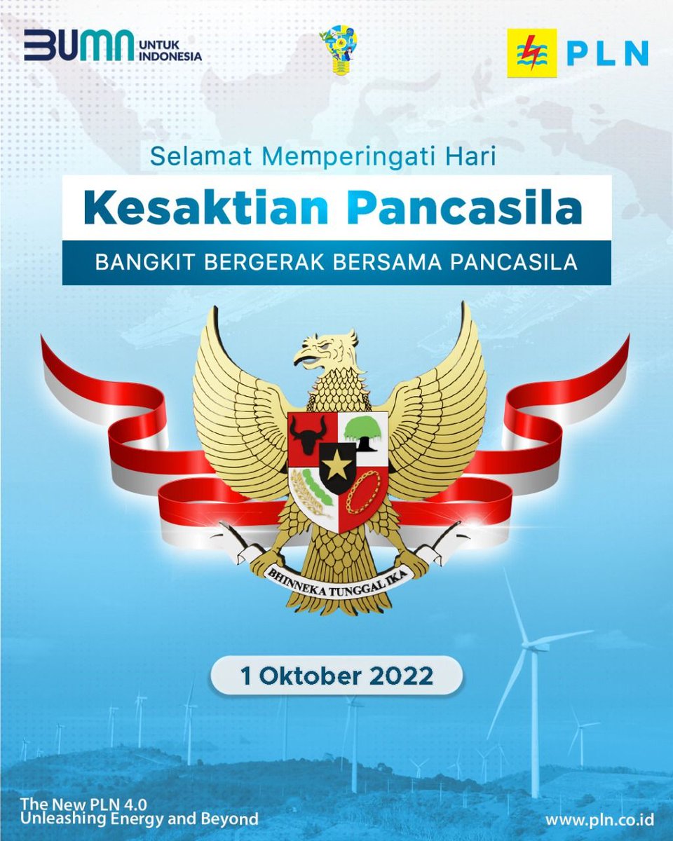 Pancasila sebagai ideologi dan pemersatu bangsa. Meskipun berbeda-beda, tetapi tetap satu jiwa, Indonesia. Selamat Hari Kesaktian Pancasila Bangkit bergerak bersama pancasila! #PLN #UnleashingEnergyandBeyond #PLNUntukIndonesia #HariKesaktianPancasila