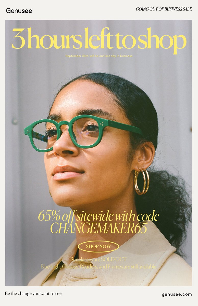 Sunglasses are completely sold out. 😎 But we still have blue light glasses, readers, and frames available for 65% off! ♻️👓⏳ genusee.com