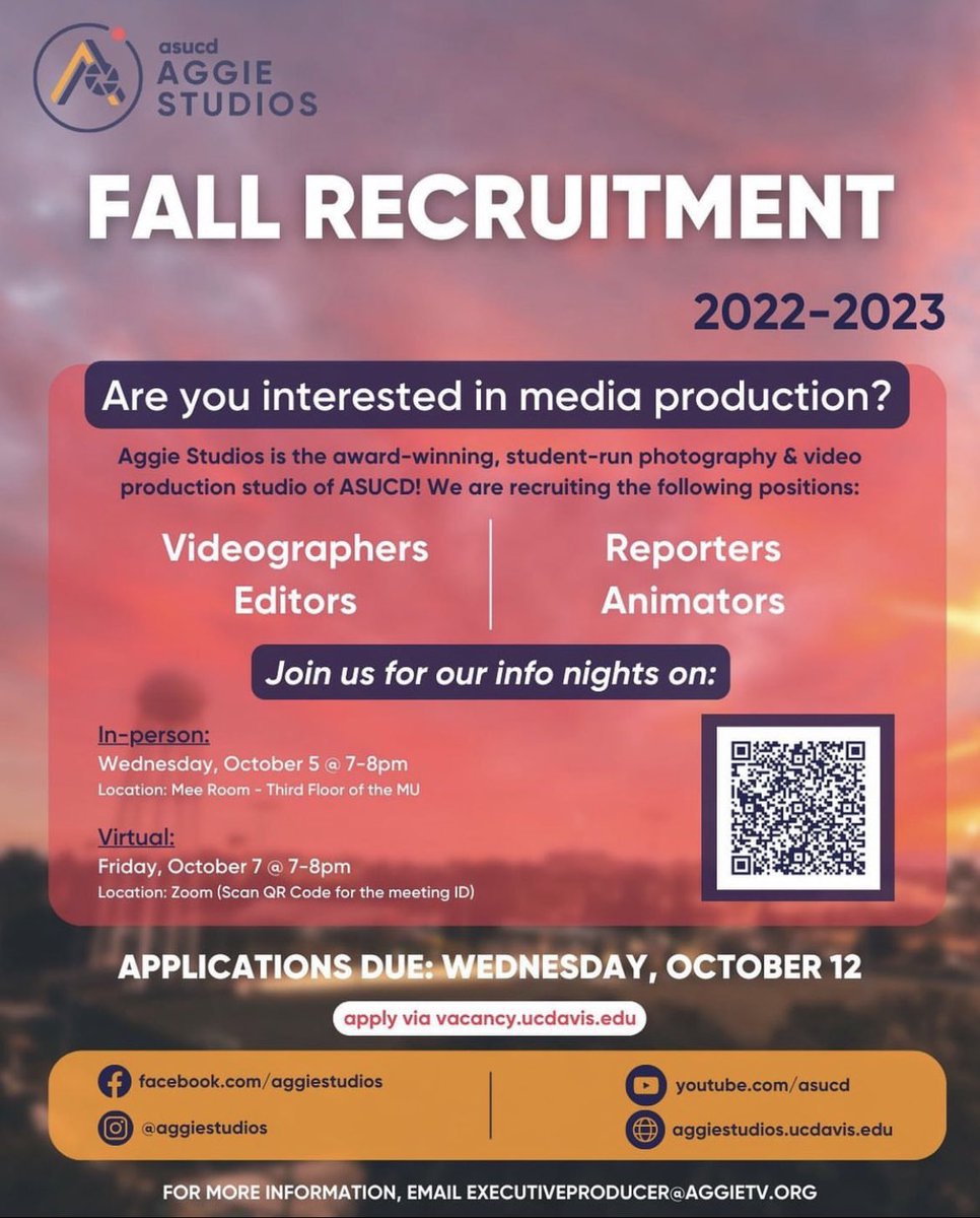 PSST! 👀 Are you interested in film and media production? 🎥 Or just want to join a group of super cool and talented people? 😎✌️

Then Aggie Studios is the PERFECT place for you! 🫶 They’re currently recruiting!! 

#AllThingsAggie 
#aggiestudios #ucdavis #ucd