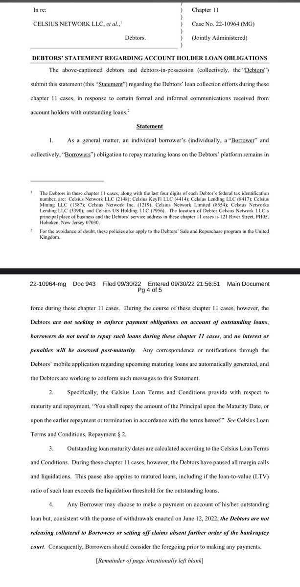 DavidJAdler1991's tweet photo. #CelsiusBankruptcy #celsiusnetwork  Celsius just filed a “statement of account holder loan obligations.”Celsius states in bold that it is not seeking to enforce any payment obligations.  https://t.co/dnENxbrTyX https://t.co/Q2Ztk3XT6A