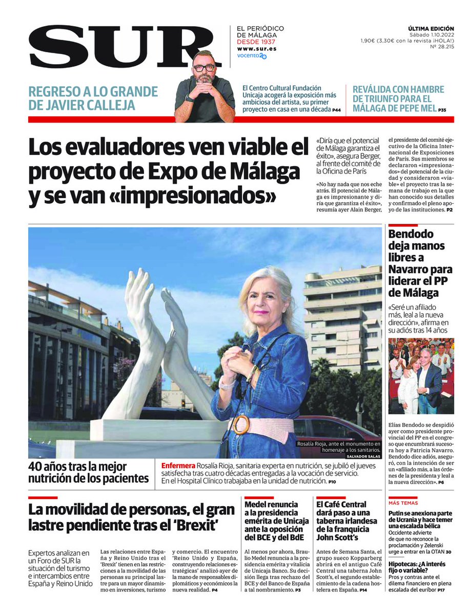 DiarioSUR's tweet photo. 📰 Buenos días. Hoy, #portadaSUR destaca que los evaluadores ven viable el proyecto de Expo de #Málaga y se van "impresionados" https://t.co/YZR0aLqNMW https://t.co/Z4EPmKMgPT