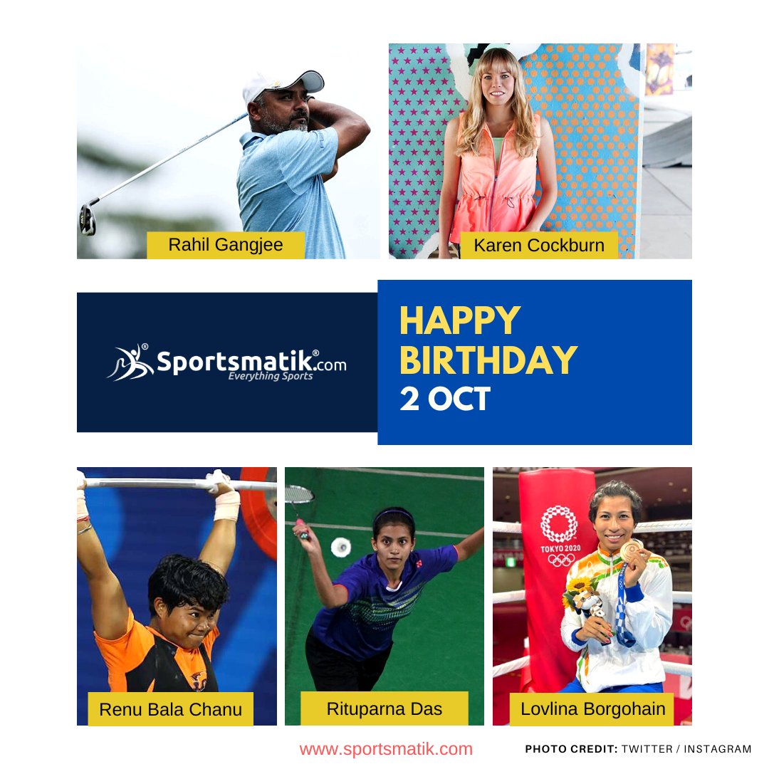 sportsmatik's tweet photo. Sportsmatik wishes the legendary sports star a #HappyBirthday to
#RahilGangjee #Golf #India
#KarenCockburn #Gymnastics #Canada
#RenuBalaChanu #Weightlifting #India
#RituparnaDas #Badminton #India
#LovlinaBorgohain #Boxing #India
@GangjeeR @Karen_Cockburn @LovlinaBorgohai https://t.co/9TOGa5qF0F