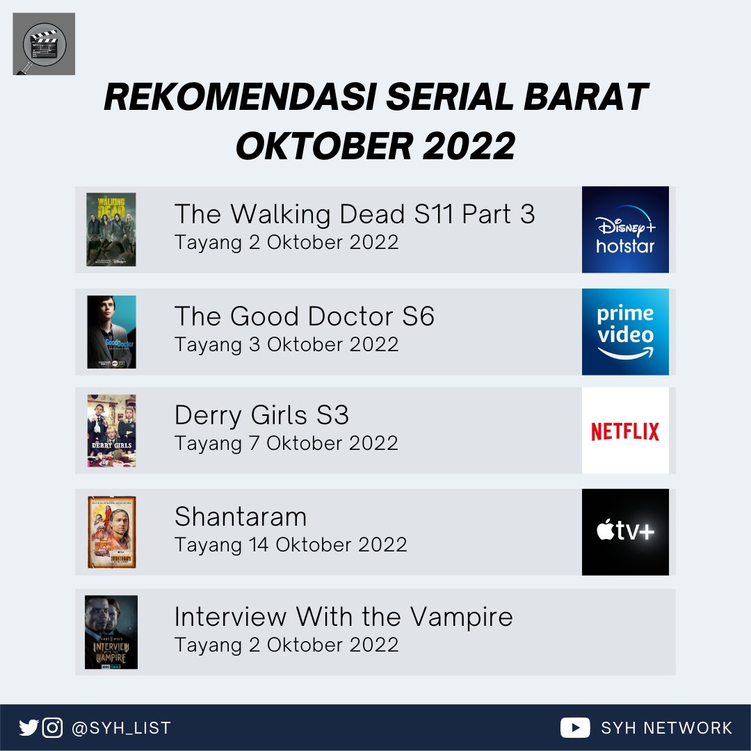 SYH_List's tweet photo. Rekomendasi Serial Barat Oktober 2022
Tidak terasa sebentar lagi serial The Walking Dead tamat!
#SYH_List #TheWalkingDead #TheGoodDoctor #DerryGirls #Shantaram #InterviewWithTheVampire #TWD #Netflix #NetflixIndonesia #NetflixIndo #DisneyPlus #AppleTVPlus #InfoFilm #InfoSerial https://t.co/ThQ354ucCR