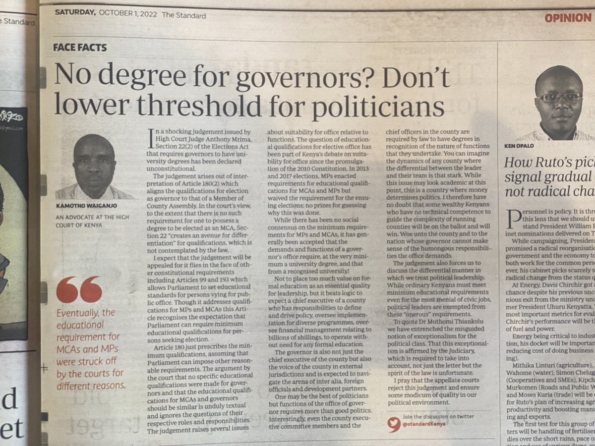 NelsonHavi's tweet photo. “While ordinary Kenyans must meet minimum educational requirements even for the most menial of civic jobs, political leaders are exempt from those ‘onerous’ requirements.” Well put, Kamotho Waiganjo. https://t.co/p7k7nUfiSa
