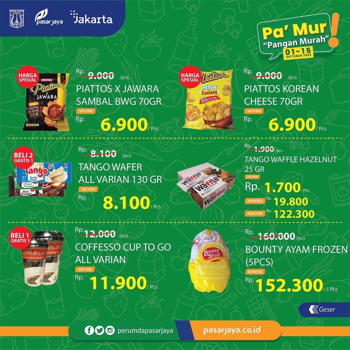 PasarJaya_JKT's tweet photo. Halo Warga DKI Jakarta! 

Promo mingguan kini hadir kembali dalam Promo Pa’Mur “Pangan Murah” bulan Oktober! 

Berikut promo #PaMur yang tersedia di Gerai #JakGrosir #Jakmart &amp; #MiniDC Perumda Pasar Jaya. https://t.co/MLtJa0i2ln