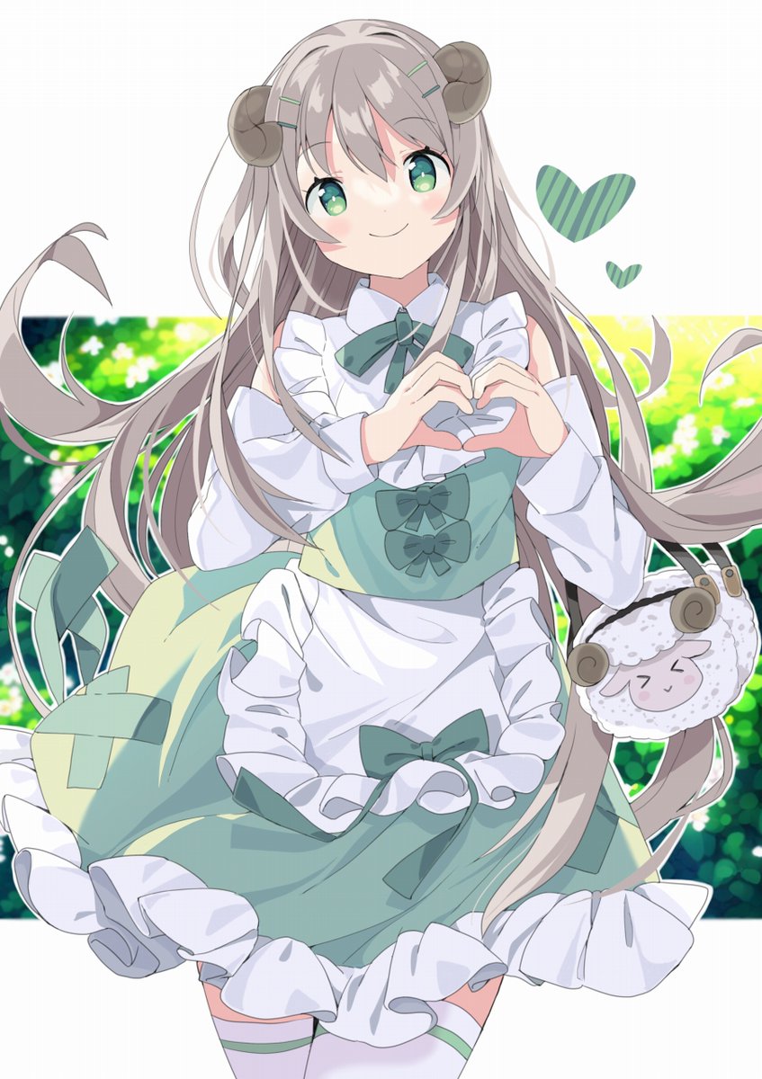 1girl heart hands solo green eyes thighhighs horns heart  illustration images