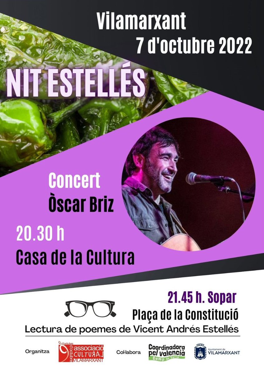 🎸Concert d'Òscar Briz a Vilamarxant (Nit Estellés).
💿El seu darrer disc, Amor &amp; psicodèlia en temps de virus, va rebre en 2021 diversos premis (Ovidi, Carles Santos).
🫑🥪Després del concert, sopar (inscripcions fins les 19h del dijous 6 d’octubre).
docs.google.com/forms/d/e/1FAI…