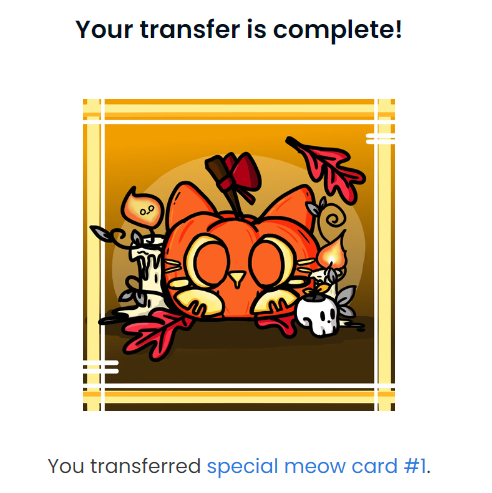 SOLDDDD MEOWWW!😺🎉🎉🎉

Thank you so much for the amazing friend <a href="/CapsNFTs/">Caps │ 🔴</a>  adopted a cute cat and become a cat owner yeahh. Here is the special meow card for you!😺🔥❤️🔥❤️

GO check this friend 's AWESOME cap collection!🔥

Thank again for your big support!
#NFT #NFTCommuntiy