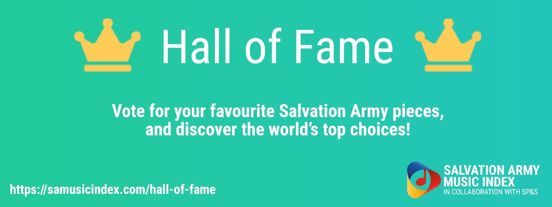 THE BRASS HALL OF FAME RETURNS!

3 years after our initial poll, the Hall of Fame is back!

Voting is open for you to choose your favourite Salvation Army brass pieces.

At the end of the month we'll release the results. Let's see if we have a different winner from last time!