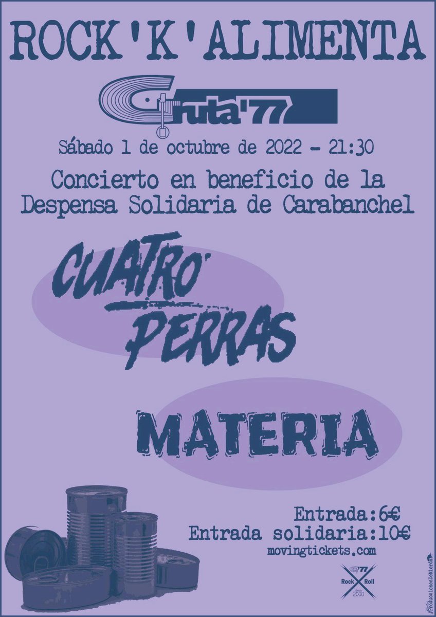 DCarabanchel's tweet photo. ¡Hoy tenemos concierto! 
Necesitamos vuestra ayuda paran seguir adelante con el proyecto de la Despensa. 
Hoy @materia_metal y Cuatro Perras en @gruta_77 
Entrada disponibles en la taquilla de Gruta 77 y en https://t.co/yflu1wLfZT
Si no puedes venir también hay Fila 0. https://t.co/G9TT6L2xEx