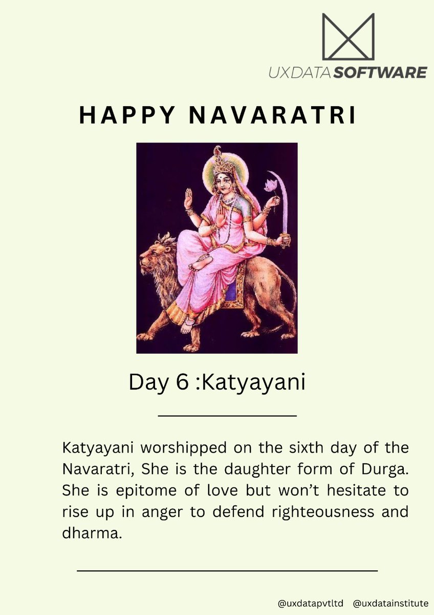 uxdata_academy's tweet photo. Happy Navaratri!!
May the nine Devine days illuminate your life..
DAY 6 - Katyayani
#uxdata #navaratri #day6navaratri #MaaKatyayani https://t.co/mlpdMY2jcT