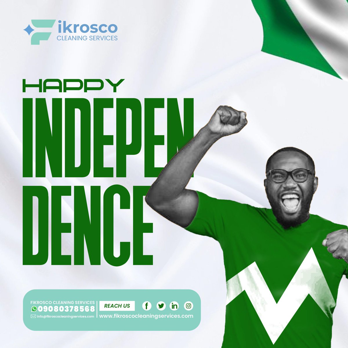 FikroscoCS's tweet photo. Happy 62nd Independence Day Nigeria!!! 
May we continue to see the good of the land.
#Nigeria #NigeriaAt62 #Nigeriaindependenceday #cleaning #janitorialservices #Lekki #ikeja #lagos #office #cleaningservices https://t.co/RrxRD6FXLs