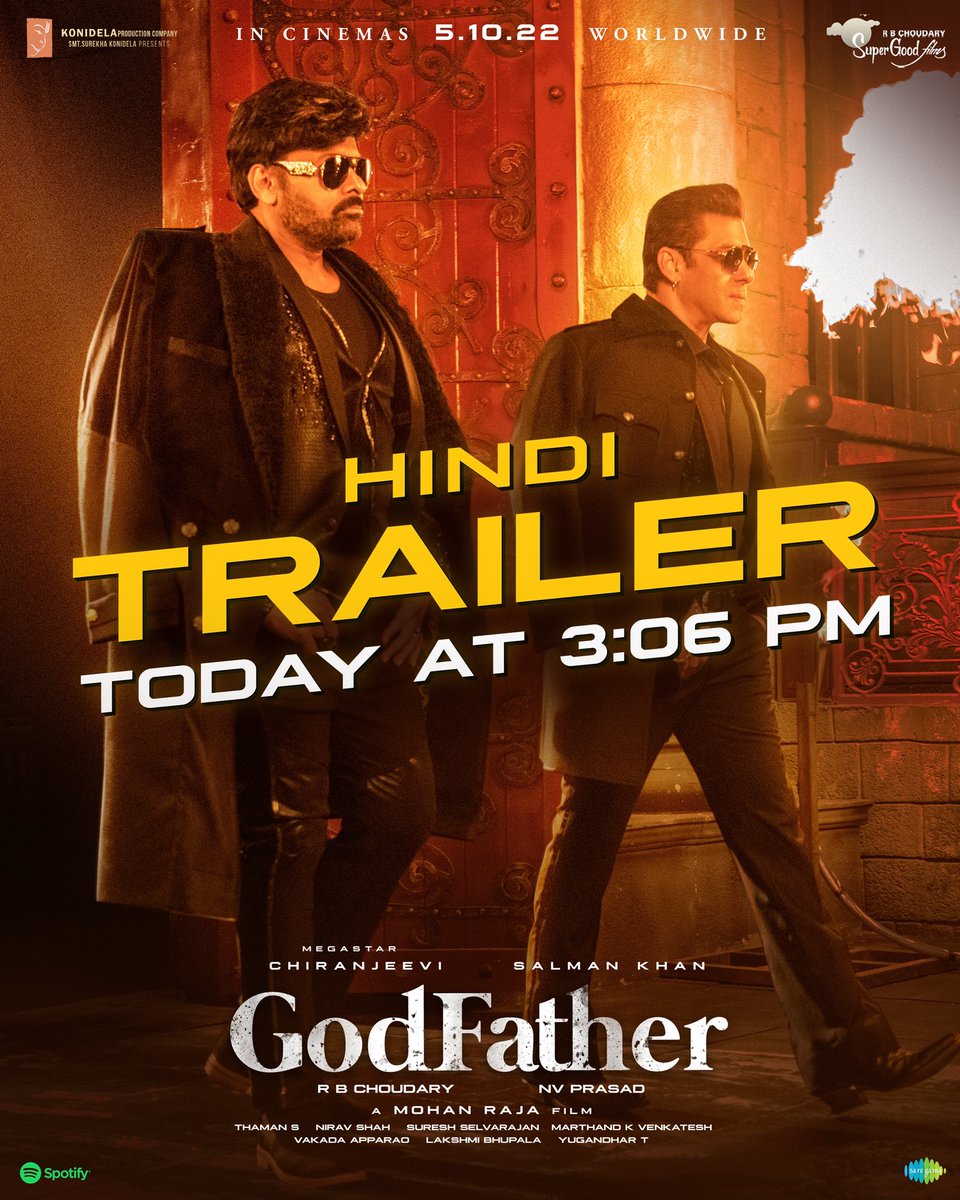 KonidelaPro's tweet photo. All set for the Mega Blast ❤️‍🔥

#GodFather Hindi Trailer out today at 3.06 PM 🔥
 
#GodFatherOnOct5th

@KChiruTweets @BeingSalmanKhan @jayam_mohanraja #Nayanthara @ActorSatyaDev @MusicThaman @ProducerNVP @saregamasouth https://t.co/brJ9QXOWt1