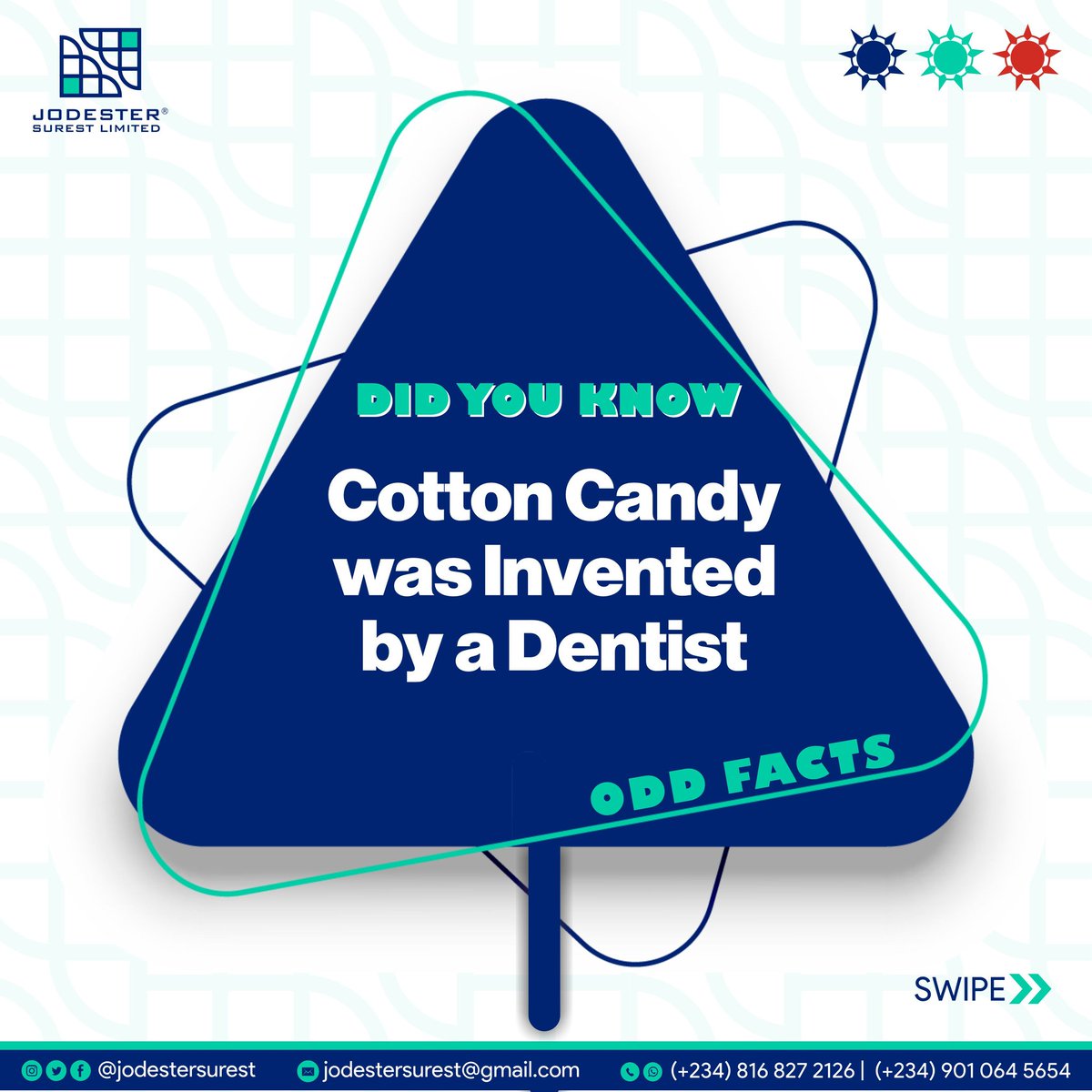 jodestersurest's tweet photo. Odd Facts
Cotton Candy was invented by a Dentist.
#oddfacts #joedester #jodester #explore #graphicsdesign #designer #dataanalyst #freelancing #digitalmarketing #business #dentist #growth #cotton #factsdaily #factsonly #facts #candy https://t.co/pJYDF8NqIm