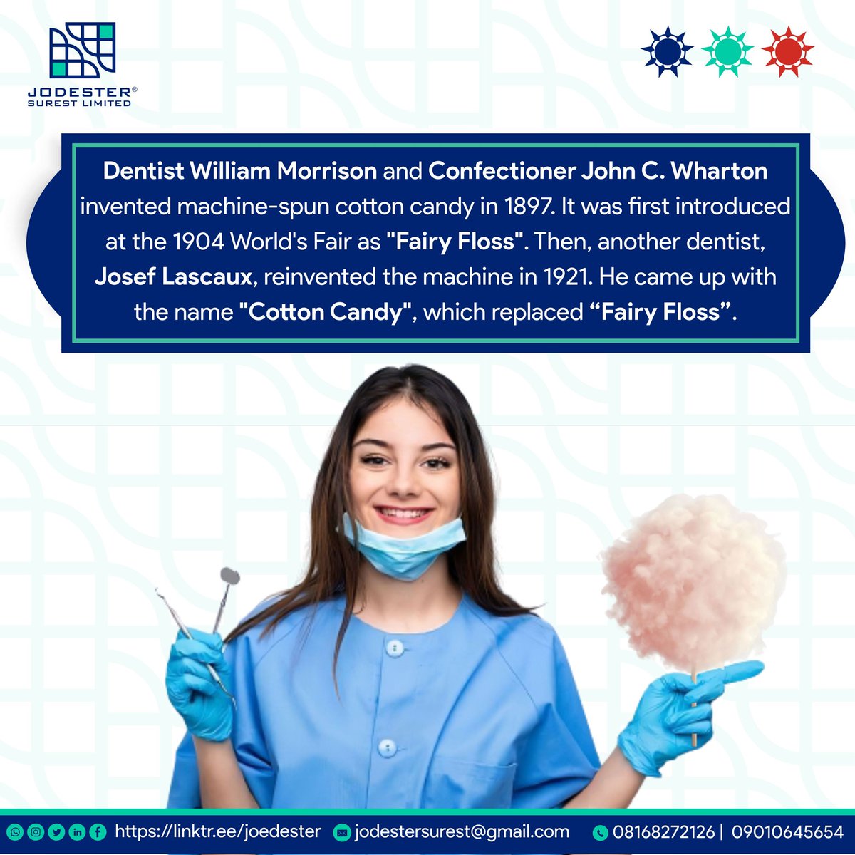 jodestersurest's tweet photo. Odd Facts
Cotton Candy was invented by a Dentist.
#oddfacts #joedester #jodester #explore #graphicsdesign #designer #dataanalyst #freelancing #digitalmarketing #business #dentist #growth #cotton #factsdaily #factsonly #facts #candy https://t.co/pJYDF8NqIm