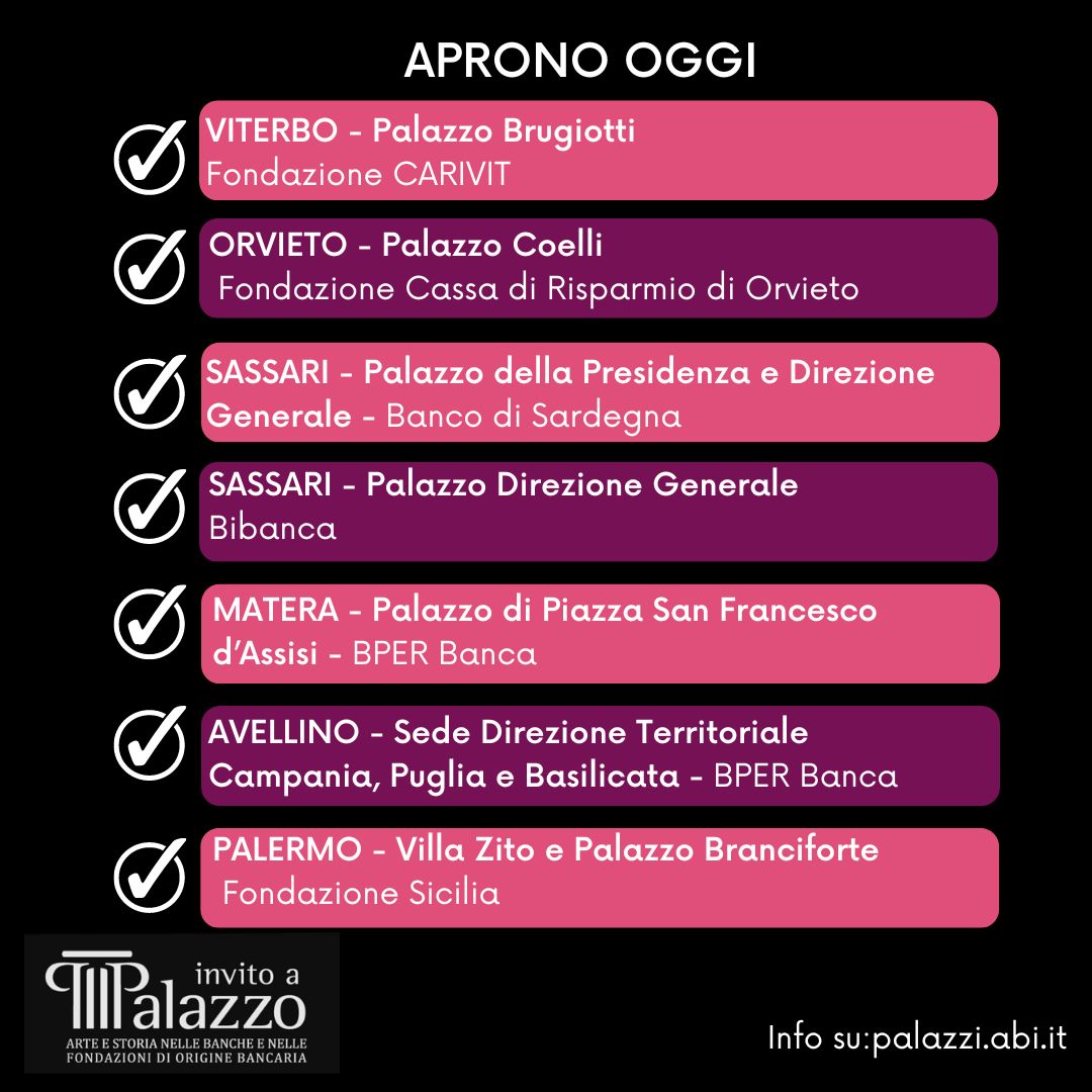 Ed eccoci con la seconda parte delle aperture previste oggi. Andate subito su palazzi.abi.it per tutte le informazioni utili a partecipare agli appuntamenti in programma!