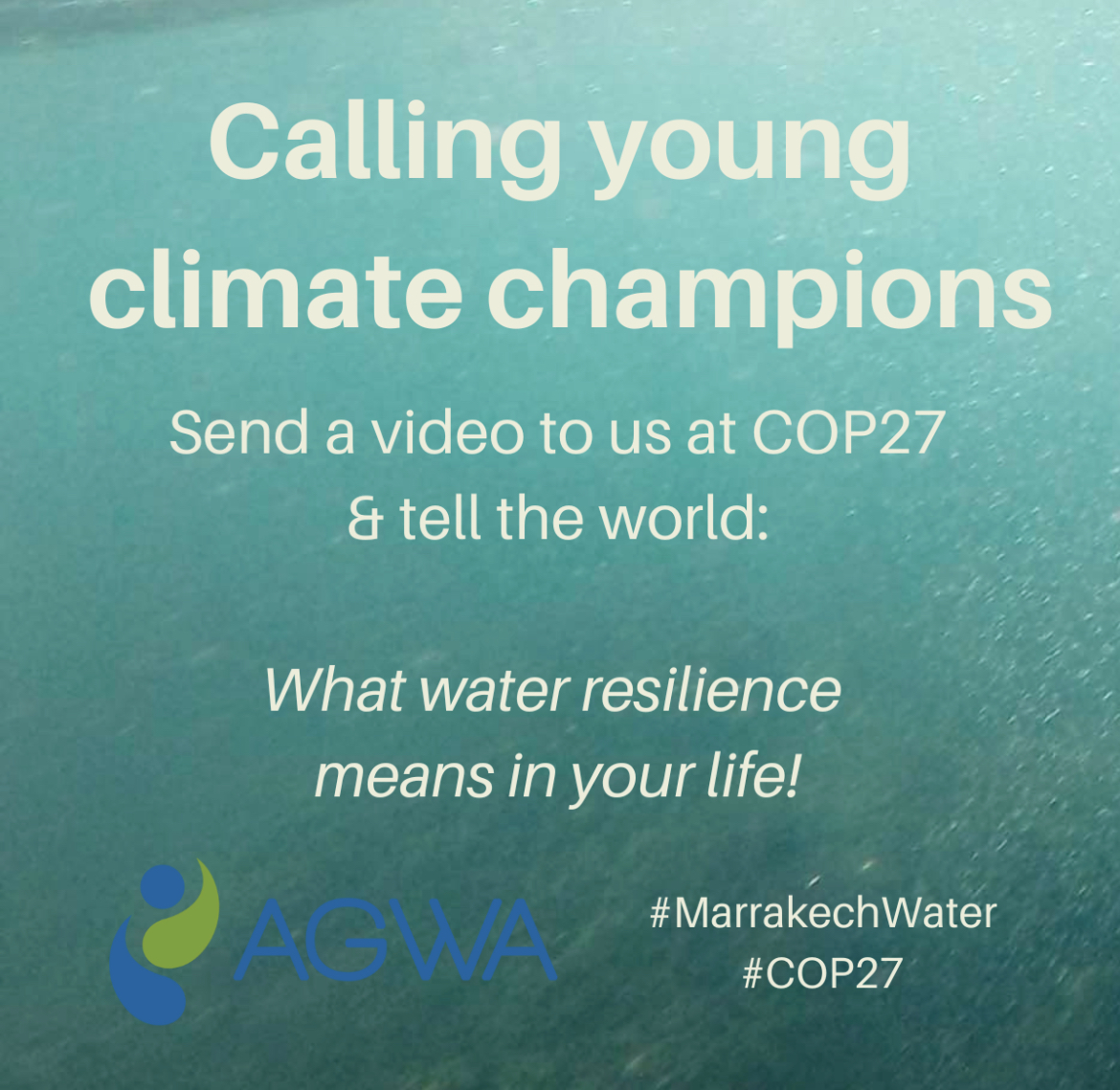 Alliance4Water's tweet photo. 📢 Calling all young climate champions!
Tell the 🌎 what water resilience means to you by submitting a short video to AGWA &amp; Marrakech Partnership for Global Climate Action #COP27 Water Action event! Find out more https://t.co/3ZljzKrzDQ
#MarrakechWater
#MPGCA
#UNFCCC https://t.co/g6I2rLCmDN