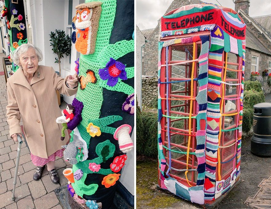 UK, 104-year-old Grace Brett, was a member of a band of guerilla knitters and was thought to be the oldest street artist/yarn-bomber in the world #UnravellingWomensArt
